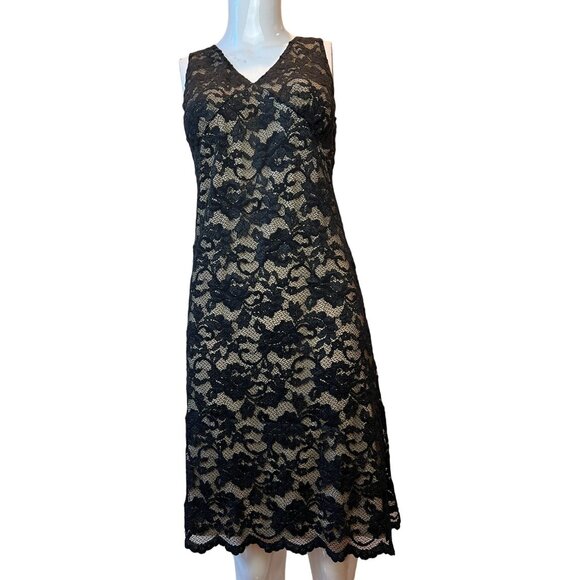 Belly Basics Sheath Dress Floral Lace Overlay V-Neck Sleeveless Black Size P - Picture 1 of 6